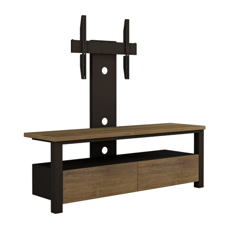 Tauris Voodoo 1500 Tv stand with integrated wall mount bracket, vertical mounting plate, dual adjustable arms, and two wooden cabinet drawers.