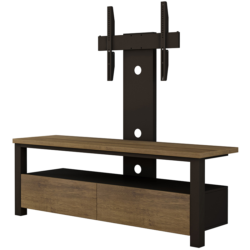 Tauris Voodoo 1500 Entertainment center with wall-mount-ready tv bracket, long wood top, open middle shelf, and two wooden drawers in black metal frame