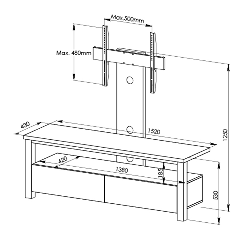 Tauris Voodoo 1500 Tv stand with wall-mounted bracket, central mounting plate, and lower storage drawers