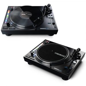 Two Reloop DJ turntables with Serato integration, large platters, tonearms, and colorful performance pads.