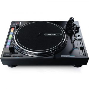 Reloop RP-8000 MK2 turntable with large circular platter, multi-color performance pads on the left, and tonearm on the right