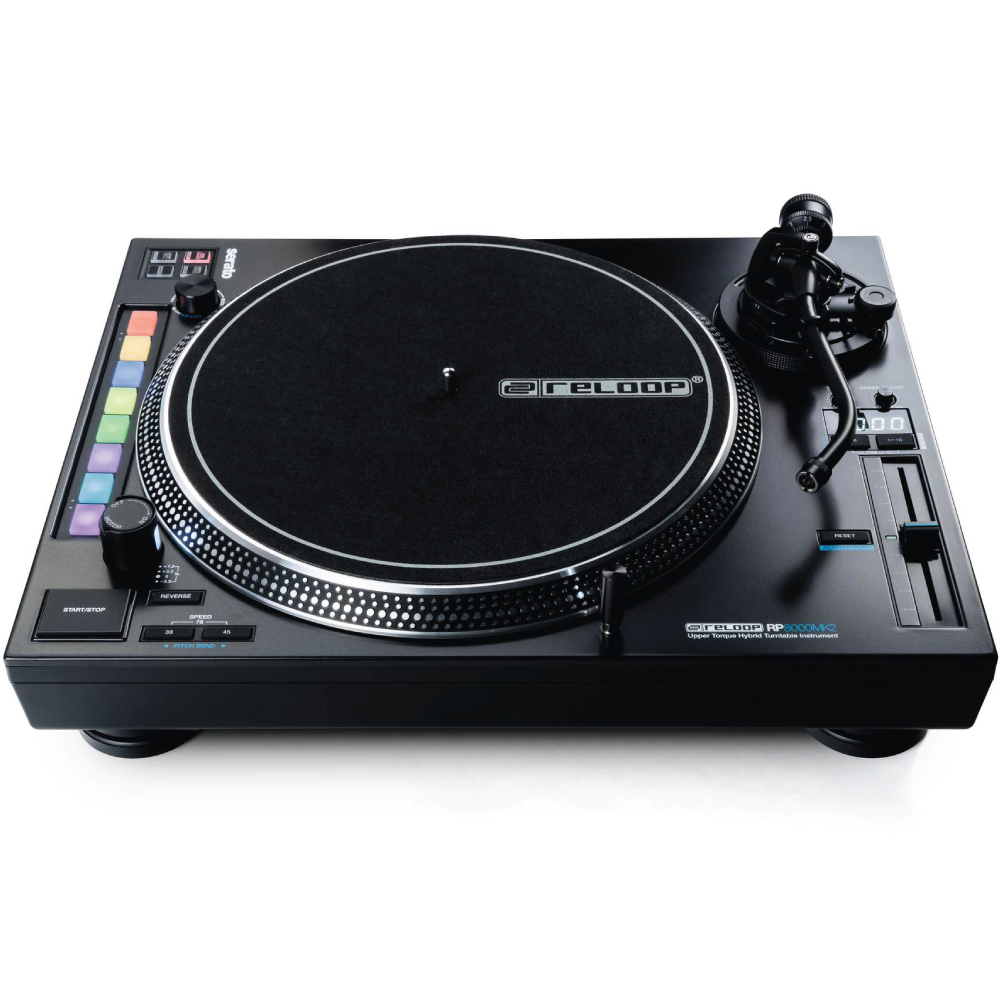 Reloop Rp-8000Mk2 Hybrid Direct Drive Dj Turntable Reloop rp-8000 mk2 turntable with large circular platter, multi-color performance pads on the left, and tonearm on the right