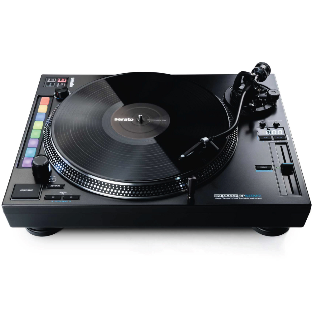 Reloop Rp-8000Mk2 Hybrid Direct Drive Dj Turntable Reloop rp-8000 mk2 turntable with serato, featuring 8 colorful performance pads, adjustable tonearm, and digital controls.