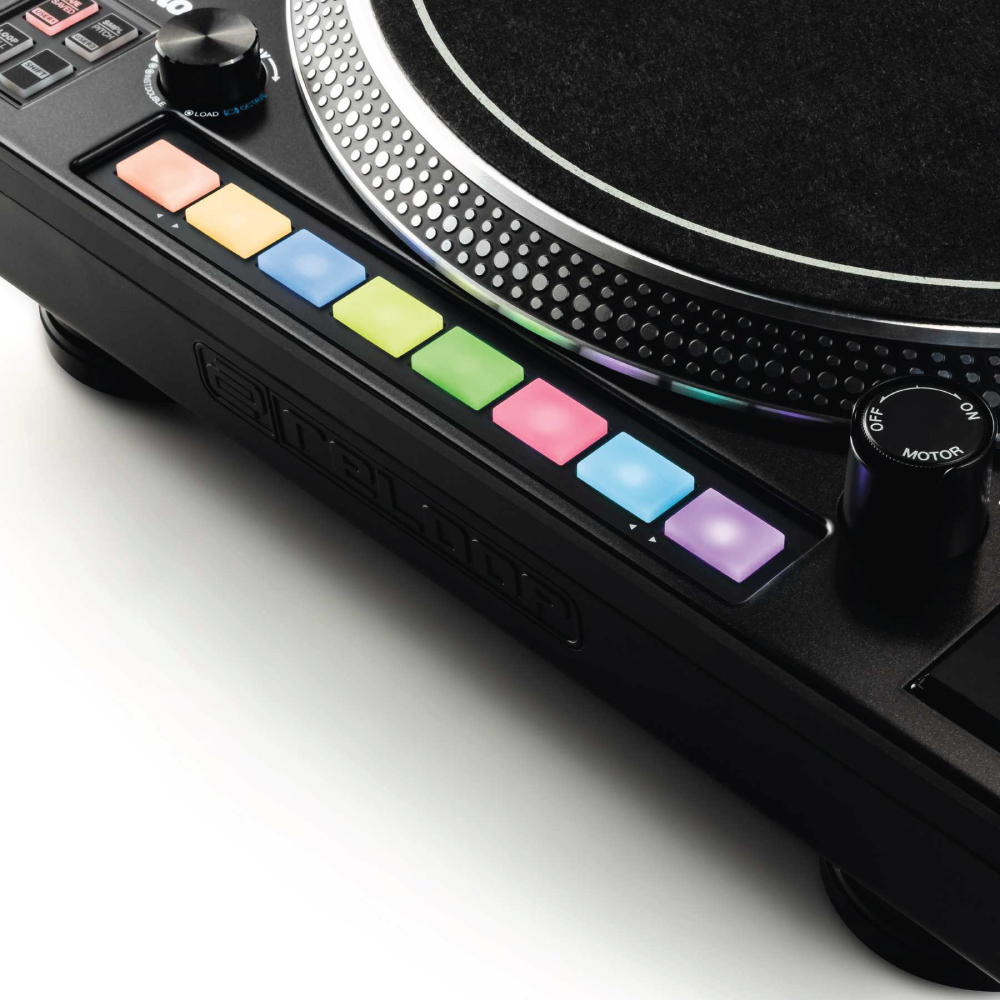 Reloop Rp-8000Mk2 Hybrid Direct Drive Dj Turntable Dj controller with a spinning platter, colorful square pads, and a motor on/off knob.
