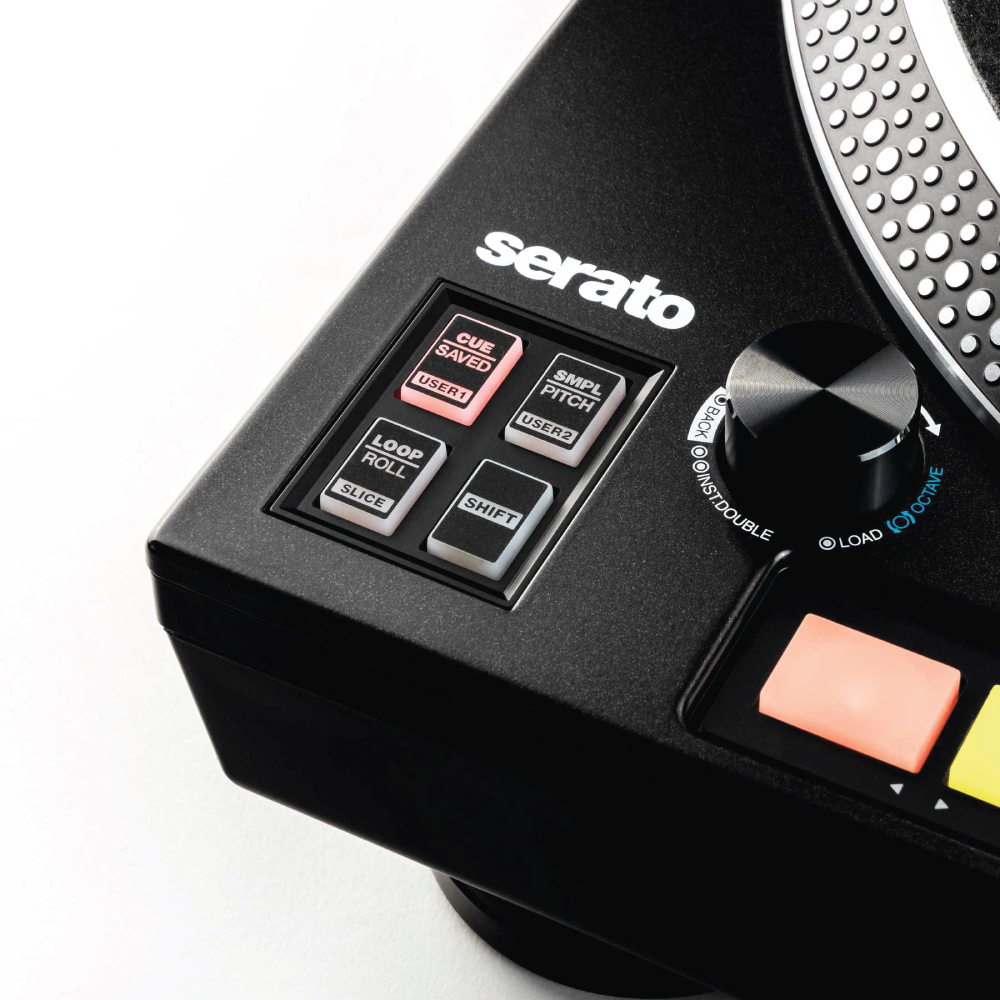 Reloop Rp-8000Mk2 Hybrid Direct Drive Dj Turntable Serato-brand dj controller with four square performance pads and a large jog wheel.