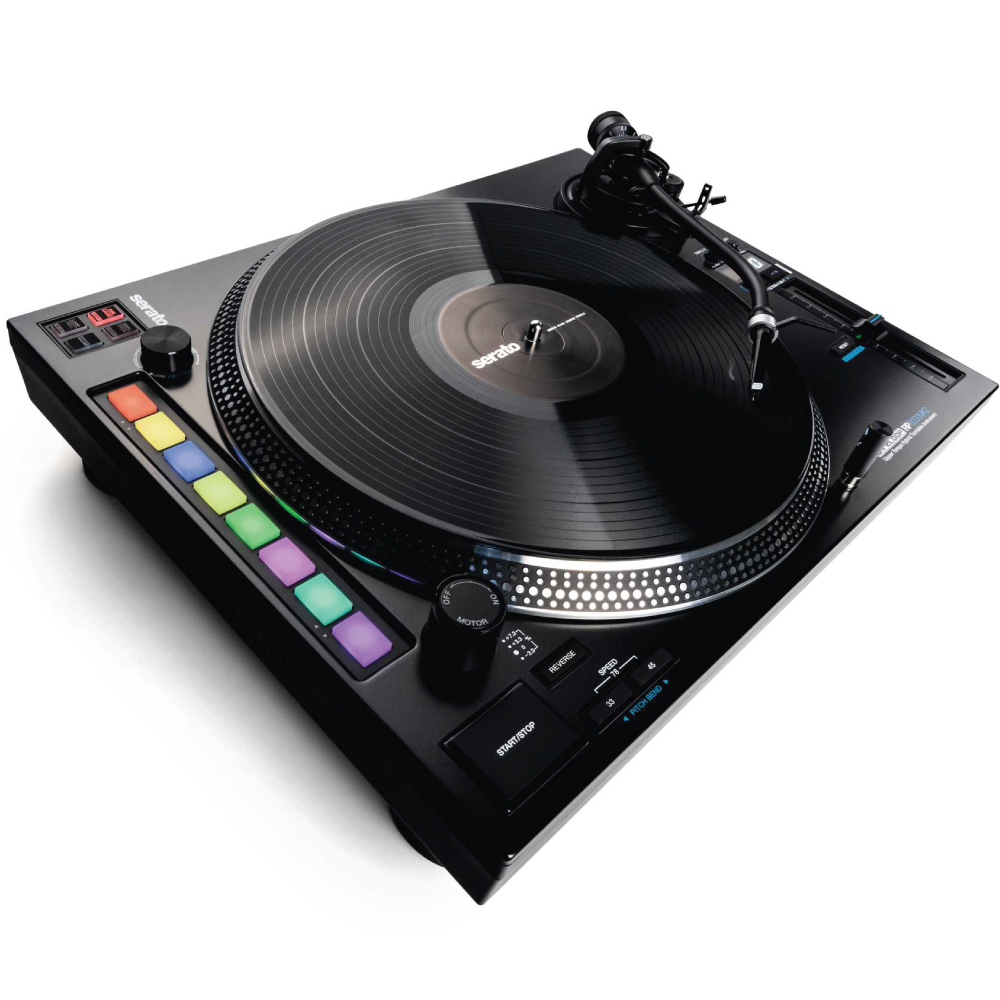 Reloop Rp-8000Mk2 Hybrid Direct Drive Dj Turntable Serato dj turntable with colorful performance pads, large vinyl platter, tonearm, and built-in controls.