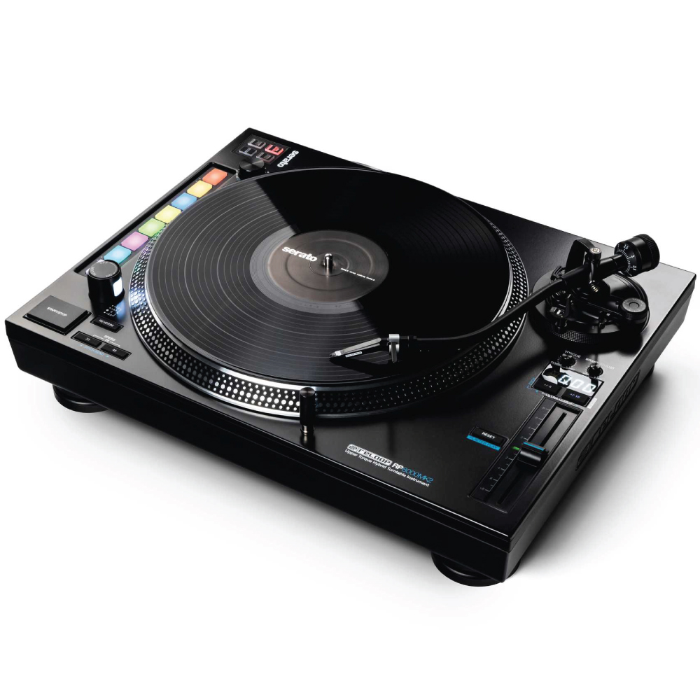 Reloop Rp-8000Mk2 Hybrid Direct Drive Dj Turntable Black direct-drive dj turntable with serato branding, vinyl platter, tonearm, colorful performance pads, and pitch controls.