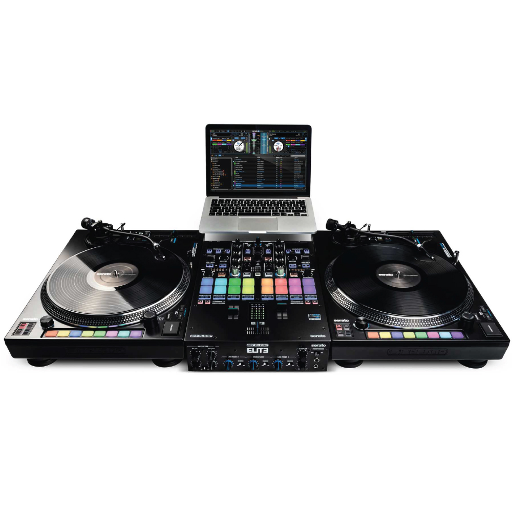 Reloop Rp-8000Mk2 Hybrid Direct Drive Dj Turntable Professional dj setup with two turntables, a central mixer, and a laptop displaying dj software.