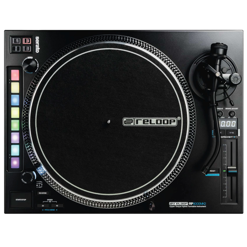 Reloop Rp-8000Mk2 Hybrid Direct Drive Dj Turntable Reloop rp-8000 mk2 serato-enabled dj turntable with large platter, performance pads, and adjustable tonearm.