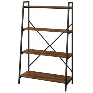 Industrial-style four-shelf bookshelf with a black metal frame, brown wood shelves, and crisscross back braces.