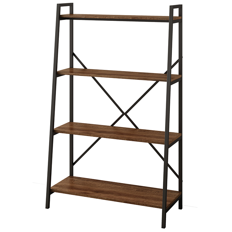 Workzone Aspect Bc1300 Industrial-style four-shelf bookshelf with a black metal frame, brown wood shelves, and crisscross back braces.