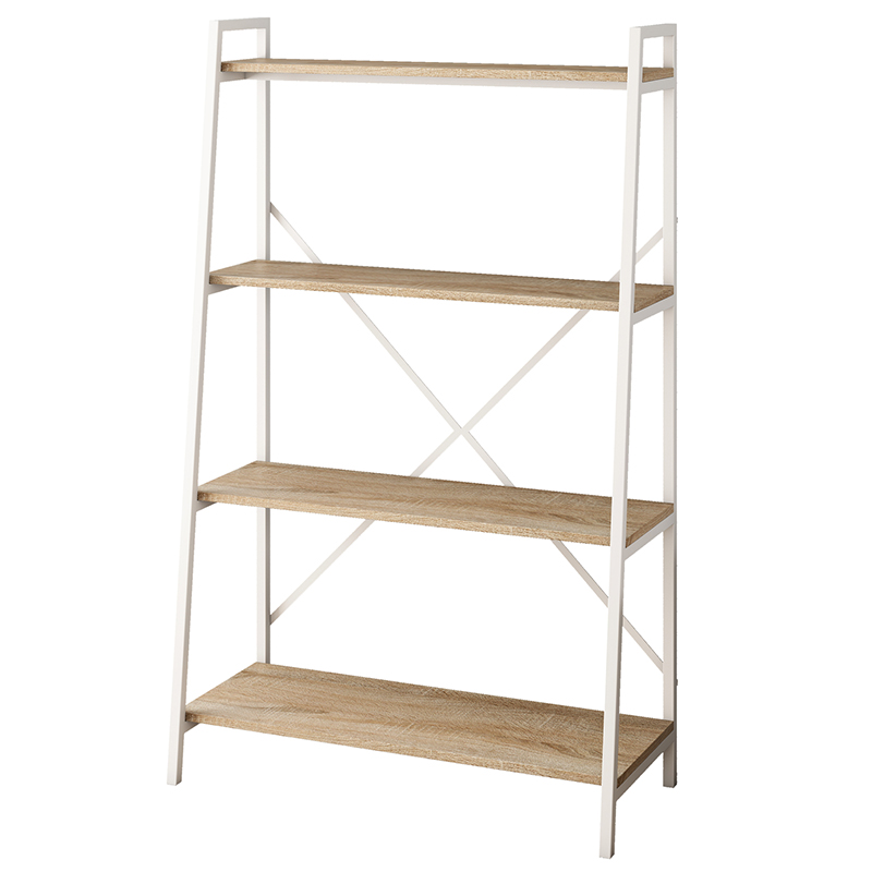 Workzone Aspect Bc1300 White metal-framed four-shelf bookcase with natural wood shelves and x-brace back