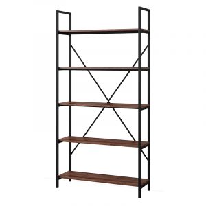 Industrial-style five-shelf bookshelf with a black metal frame, dark wood shelves, and diagonal cross-brace back.