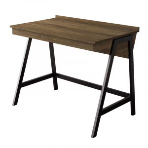 Wooden desk with brown top and black metal trestle legs, rear grommet hole.