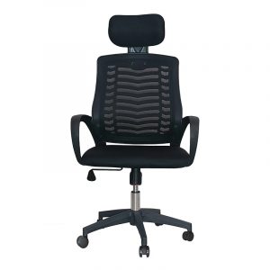 Ergonomic black mesh office chair with headrest, adjustable height, and caster wheels.