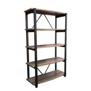 Industrial-style metal and wood bookshelf with five shelves and back braces.