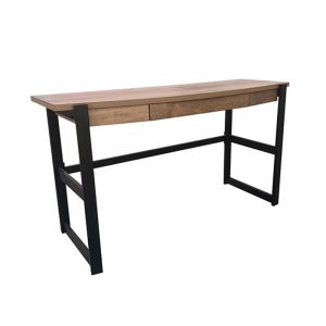 Wooden desk with light brown top, black metal frame, and two central drawers.