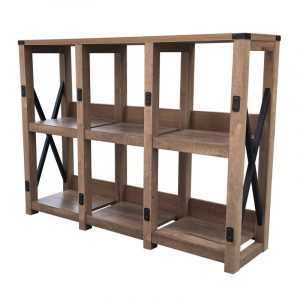 Rustic wooden open-shelf unit with three compartments and black X-shaped metal supports.