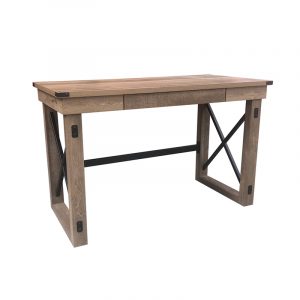 Rustic wooden desk with two drawers and black metal X-brace legs.