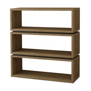 Three-tier wooden bookshelf with natural oak finish and open shelves.