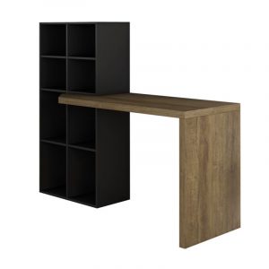 L-shaped desk with a black cube storage unit on the left and a natural wood tabletop extending to the right