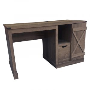 Rustic wooden desk with central open shelf and drawer, plus right-side barn-door cabinet featuring an X-brace panel.