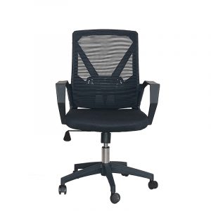 Ergonomic black mesh office chair with adjustable height, swivel base, and five caster wheels.
