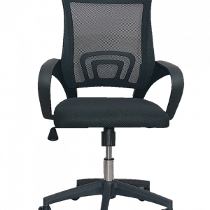 Ergonomic office chair with mesh back, adjustable height, black fabric seat, curved armrests, and five-caster base.