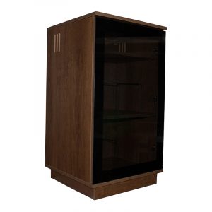 Brown wooden display cabinet with glass front door and interior shelves.