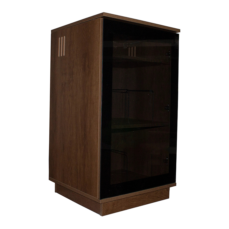 Tauris Hollywood Hifi Rack Brown wooden display cabinet with glass front door and interior shelves.