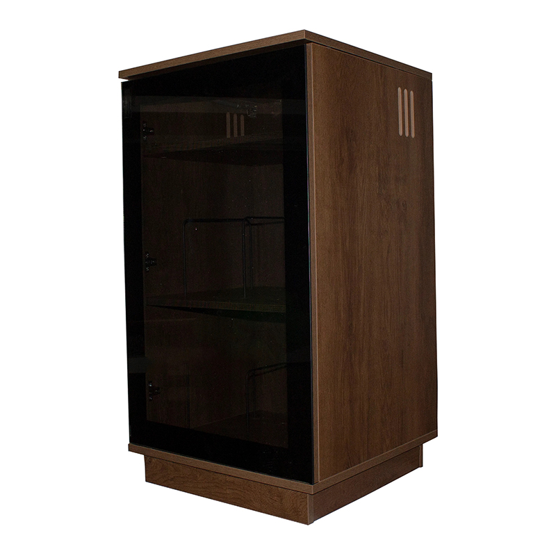 Tauris Hollywood Hifi Rack Dark brown wooden display cabinet with glass front, shelves, and vented side panel.