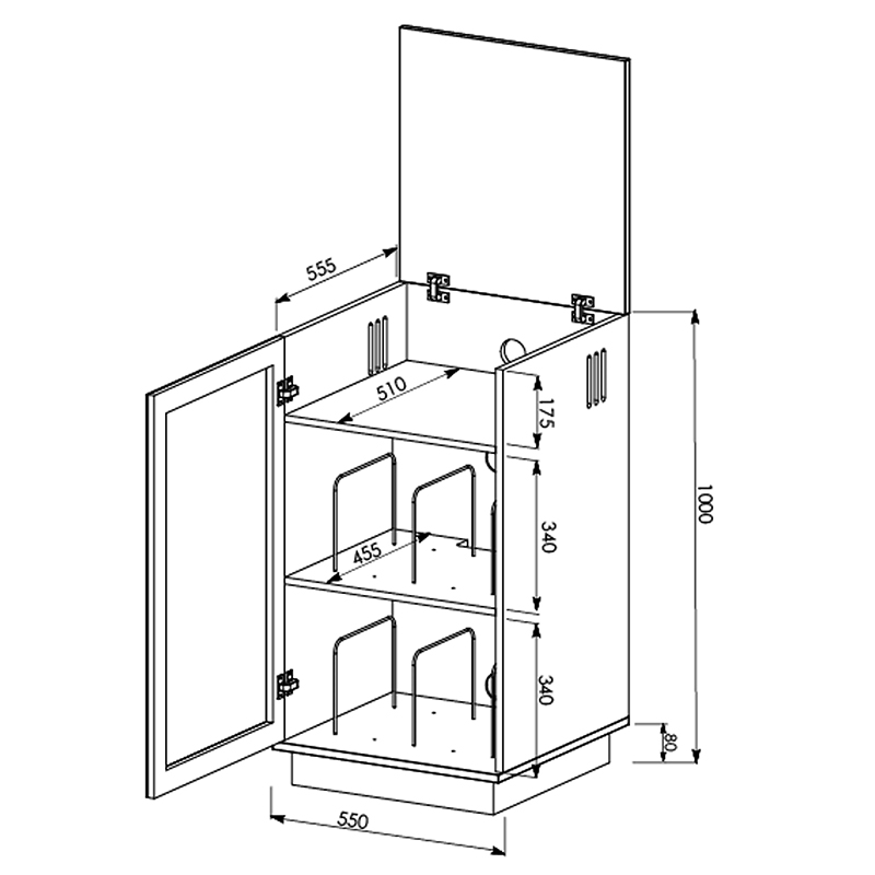 Tauris Hollywood Hifi Rack Tall kitchen cabinet with left door open, interior shelves and wine bottle racks, top panel and base.