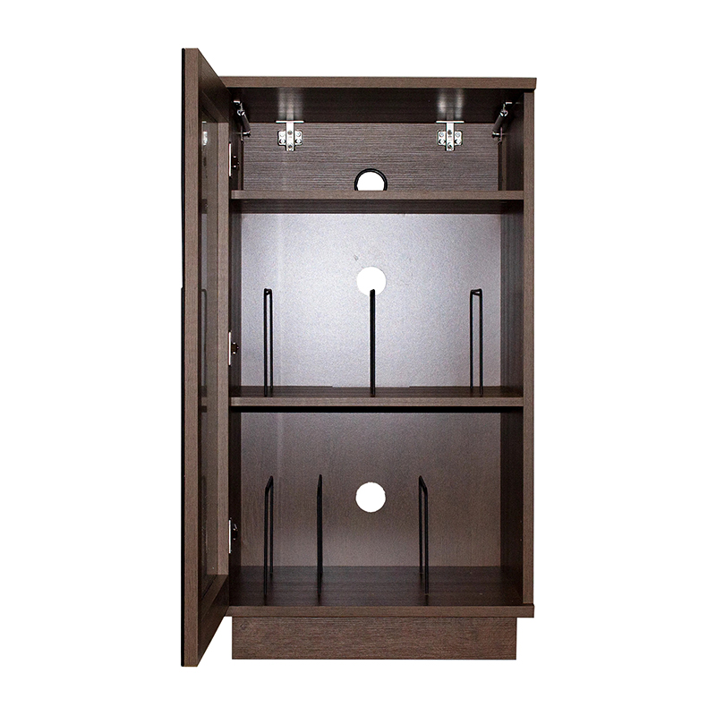 Tauris Hollywood Hifi Rack Brown wooden wall cabinet with glass-front door, two shelves, and metal bottle-rack dividers.
