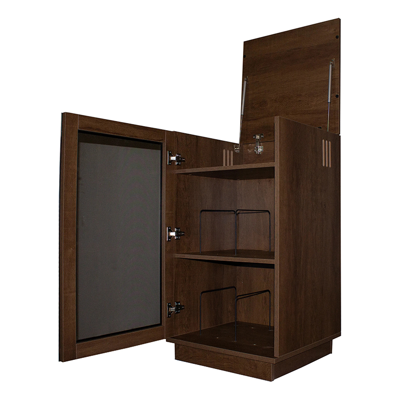 Tauris Hollywood Hifi Rack Brown wood kitchen cabinet with lift-up top, inner shelves and wine rack; left door panel