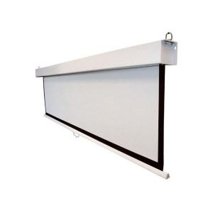 Manual pull-down projector screen with white fabric and black bottom border.