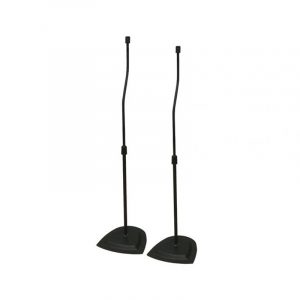 Pair of black gooseneck microphone stands with adjustable arms and flat bases.