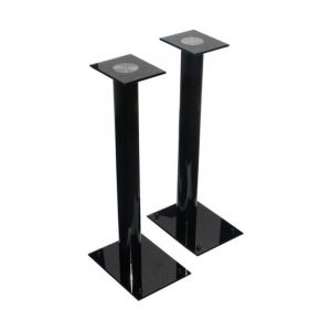 Pair of black metal speaker stands with square bases and square top plates.