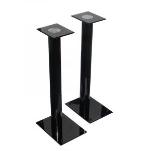 Pair of black metal speaker stands with square bases and square top plates.