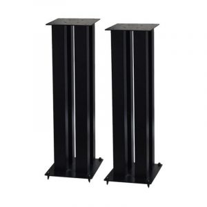 Pair of tall black metal speaker stands with square top plates and base feet.