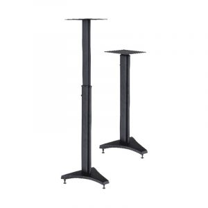Pair of black adjustable speaker stands with flat mounting plates and curved three-point bases.