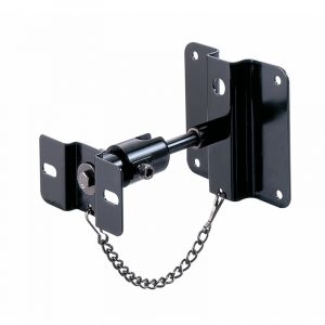 Two-piece black metal hinge with a chain, mounting plates, and a central pivot rod.