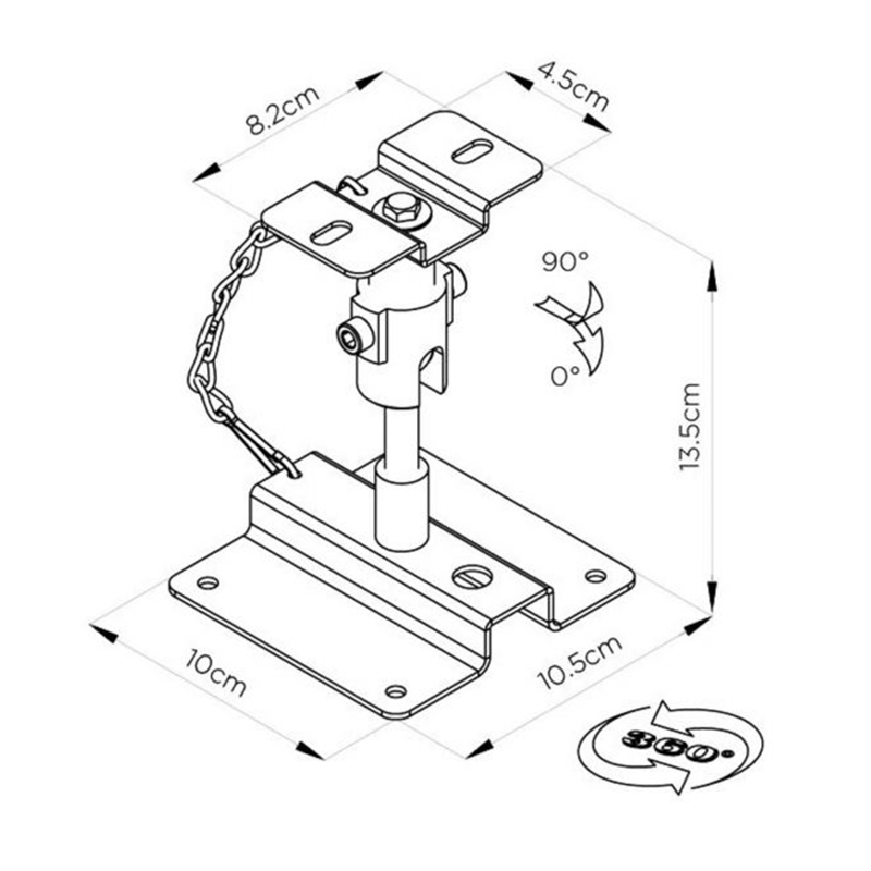 Tauris Swb101B Adjustable desk mount clamp with vertical post, hinged top bracket, base plate with screw holes, and chain.