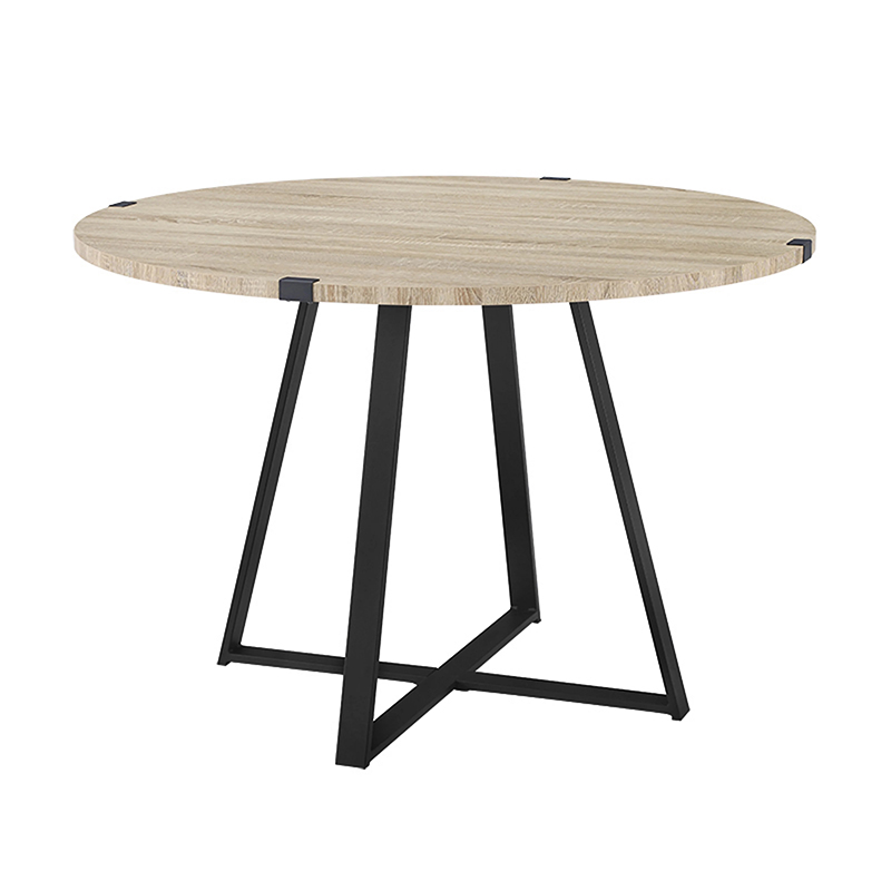 Criterion Capri Dt1100 Round oak wood table with black metal angular crisscross legs.