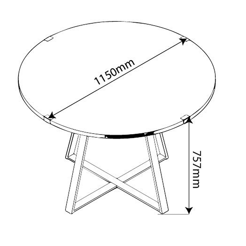 Criterion Capri Dt1100 Round dining table with crisscross x-frame legs, 1150mm diameter, 757mm tall.