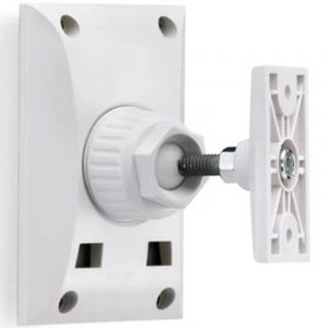 White wall-mounted adjustable monitor/TV mount with VESA plate.