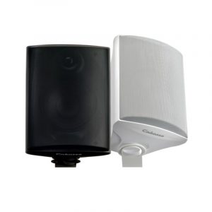 Pair of black and white satellite speakers with metal grilles and wall-mount brackets.