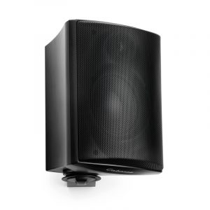 Cabasse black bookshelf loudspeaker with perforated front grille and mounting bracket.