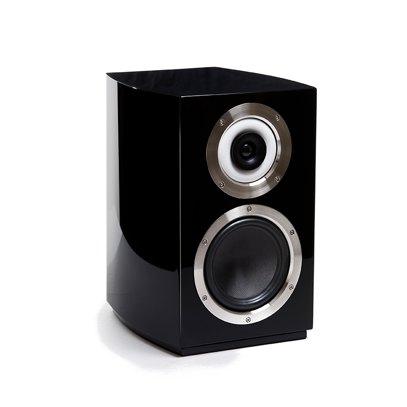 Cabasse Murano Black glossy two-way bookshelf speaker with silver-ringed woofer and tweeter, curved cabinet.