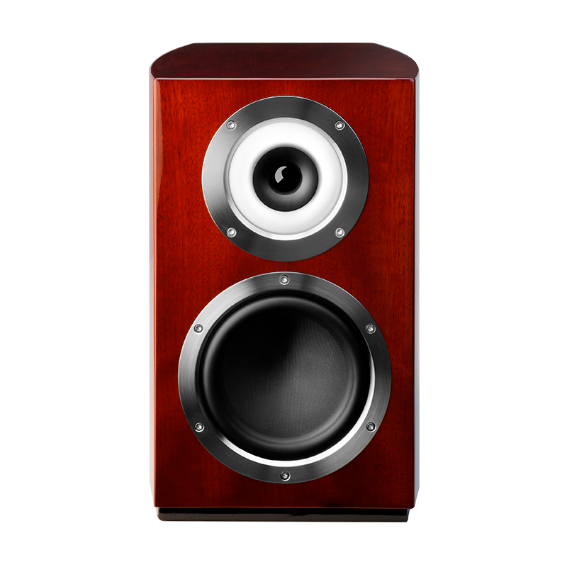 Cabasse Murano Wooden bookshelf speaker with two drivers, white-ringed tweeter above a black woofer in a cherry finish cabinet.