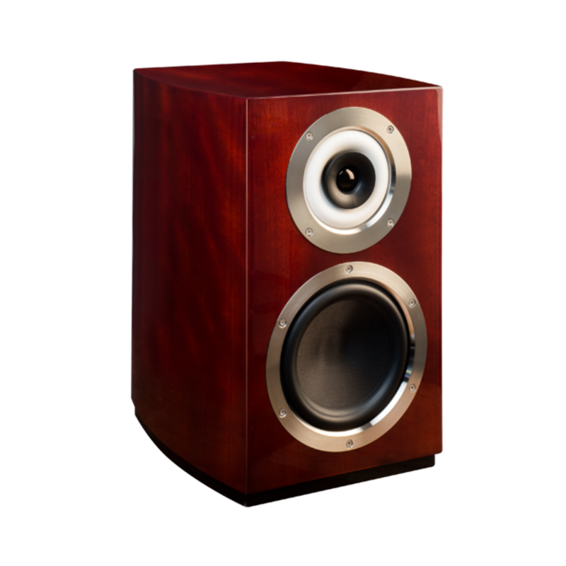 Cabasse Murano Wooden stereo loudspeaker with a white-ringed tweeter and large woofer, mahogany veneer cabinet.